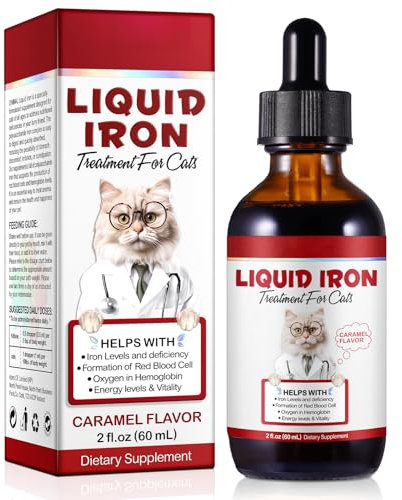 Liquid Iron Drops for Cats, Liquid Supplement for Cats Supports Anemia, Low Enery Levels and Lethargy, Improve Energy Levels & Vitality, Pet Supplies Cat Supplement Vitamins, Caramel Flavor - 2 fl.oz