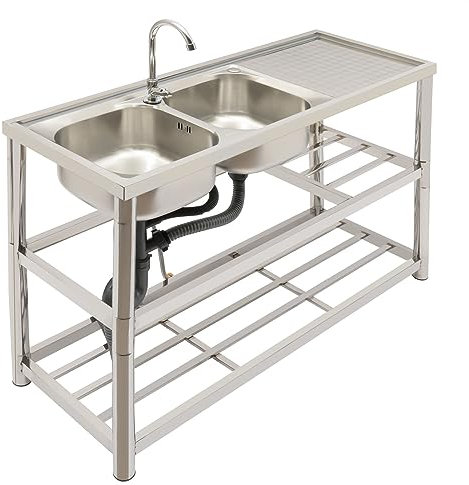 WindWilder Freistehende Edelstahl Spültisch Doppelspüle 120x45x80 cm, Gastronomie Spüle Gewerbe Edelstahl Küche Spüle mit Doppelspülbecken & 360° drehbarer Wasserhahn, Tragfähigkeit 100kg, Silber