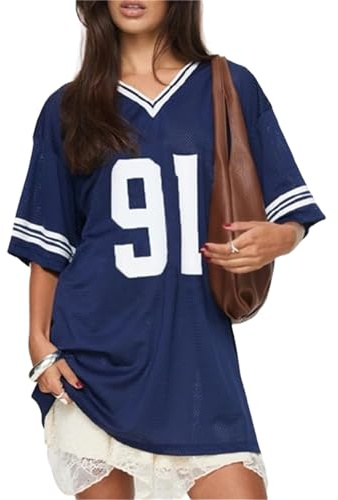 SANSIWU Damen Oversized Jersey-Shirts, Y2K, V-Ausschnitt, Kurzarm, Rot, L
