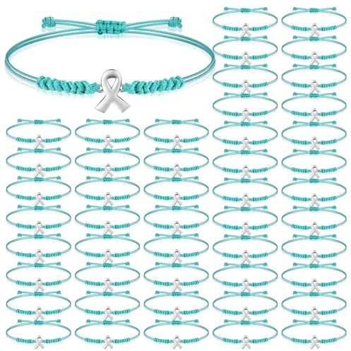 Sasylvia 20/50 Pcs Ovarian Cancer Awareness Bracelets Adjustable Cord Teal Ribbon Braided Bracelets Inspirational Ovarian Cancer Gifts for Women Jewelry Accessories
