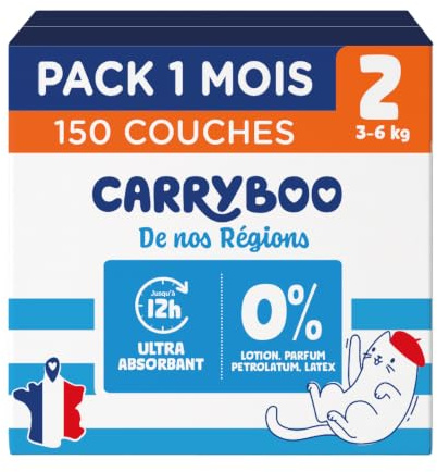 Carryboo Delle nostre regioni - Pannolini misura 2 3-6 kg - Pannolini usa e getta Origine Francia - Cura dei bambini - Locale ed Ecologico - Composizione naturale - Prezzo accessibile - 150 Articoli -