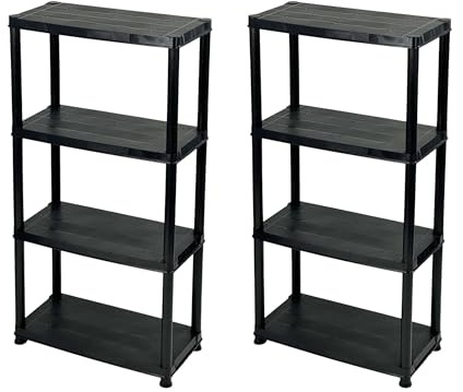 Addis 4 Tier Plastic Storage Shelving Units Twin Pack – Durable Freestanding Organiser for Garage, Shed, Utility Room, or Home – Space-Saving Easy Assembly Plastic Black