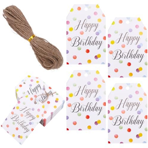 SOFPLATE 1 Box 100 Stück Bunte Geschenkanhänger Mit Punkten Zum Geburtstag Geschenkanhänger Verpackung Groß Schwarz Mit Dem Wort „Happy Birthday“ Mit Loch Aus Juteschnur Papier Hängende Geschenketiket