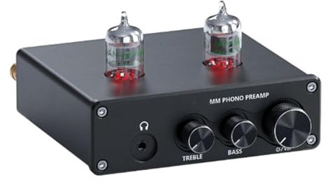 MObyat Preamplificador Fono, Preamplificador Fonógrafo Tocadiscos Tubo Vacío, Admite Entrada Auxiliar De 3,5 Mm/Auriculares 3,5 Mm/Cuenta con Control Volumen Y Control Graves/Agudos, para El Hogar