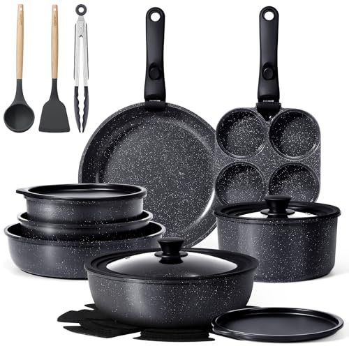 GiPP 21PCS Pots and Pans Set Non Stick,Granite Nonstick Kitchen Cookware Set with Detachable Handle, PFAS & PFOA Free, RV Cookware Set for Camping, Oven Safe(Grey,21PCS-Small Size)