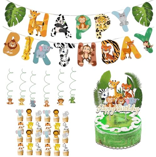 32 Stück Kombinationsset Wild One Happy Birthday Deko, Dschungeltiere Themen- Deckenhänger Spiral Girlanden, Geburtstag Cupcake Deko für Junge und Mädchen Geburtstags Dekoration (wild one)