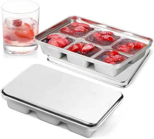 Paquete de 2 12 cubos grandes, bandejas de cubitos de hielo de acero inoxidable con tapa para congelador, moldes de cubitos de hielo para cócteles, whisky, bebidas y café (2 unidades)