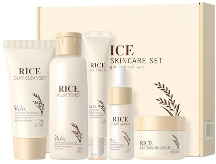 Ris ansiktsvård Skincare Set, ris fukt ansiktsvård set, mild peeling och strålande hud, anti-aging hudvård set med risserum ansiktskräm ögonkräm rengöringstoner