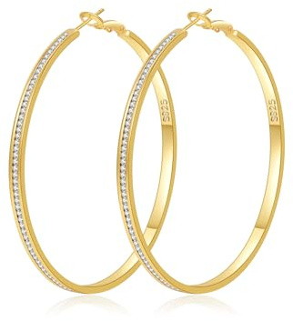 SENTERIA kreoler silver 925 dam 3 mm bred allergivänliga glittrande strass kreoler stora lätta silverörhängen med kubisk zirkonia 30/40/50/60/70 mm, 60MM, Koppar