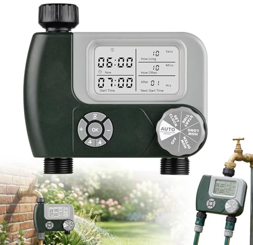 Bewässerungscomputer 2 Ausgänge, Digitaler Bewässerungsuhr mit LCD-Display, Manuellem und Automatische Bewässerung, Wasserdicht Bewässerungssteuerung, Garten Wasserzeitschaltuhr, Regenverzögerung