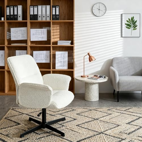 FURNISH 1 Modern vit lockig besökarstol med böjd trästruktur och justerbar höjd, 360° vridbar, vadderad fåtölj för mötesrum 62,5 x 59,5 x 81–93 cm