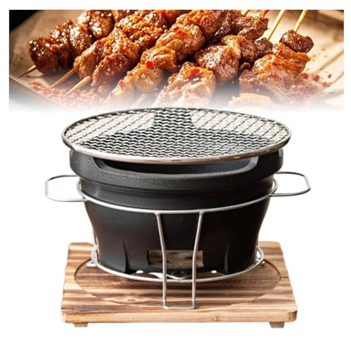 Japanischer BBQ Grill, Holzkohle Tischgrill mit Gitter und Holzbasis, Tragbarer Runder Campinggrill Holzkohleofen Campingkocher für Familiengrill Camping Picknick