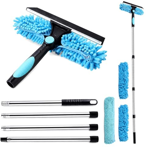 Kit Limpiacristales Telescópico 2 en 1, 170 cm, Cabezal Giratorio | Racleta de Silicona, Paños de Microfibra, Para Ventanas Altas, Mamparas de Ducha, Coche, Paneles Solares