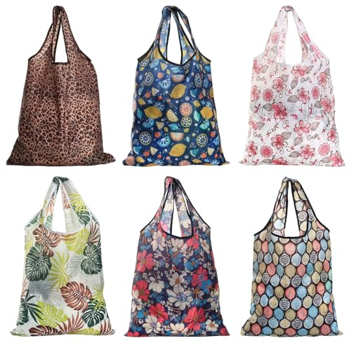 ZHENGYYUU 6 Pcs Reusable Shopping Bags Foldable Shopping Bag in Pouch, Reusable Grocery Bagset, Waterproof Foldable Bags for Shopping Travel Picnic Daily Use