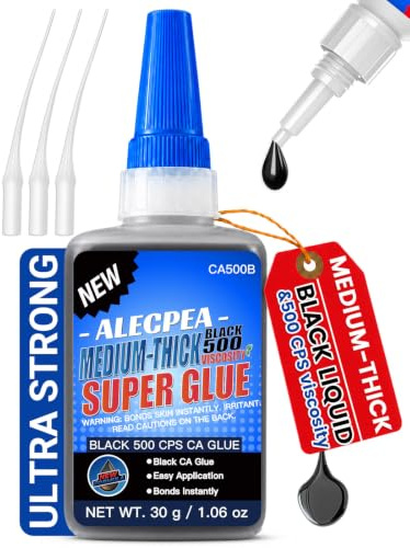ALECPEA Black Medium CA Glue, 30g, for Dark Repairs | 500 cps black formula helps hide glue lines on rubber, dark plastic, leather, wood, and crafts.