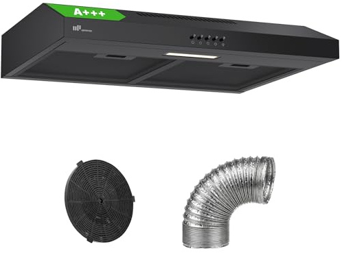 Upstreman Hotte Aspirante 60 cm, Classe A+++, 3 Vitesses (220 m³/h), Évacuation ou Recyclage avec Filtre à Charbon, Silencieuse 61 dB, Éclairage LED 1,5W, Noir, HU60