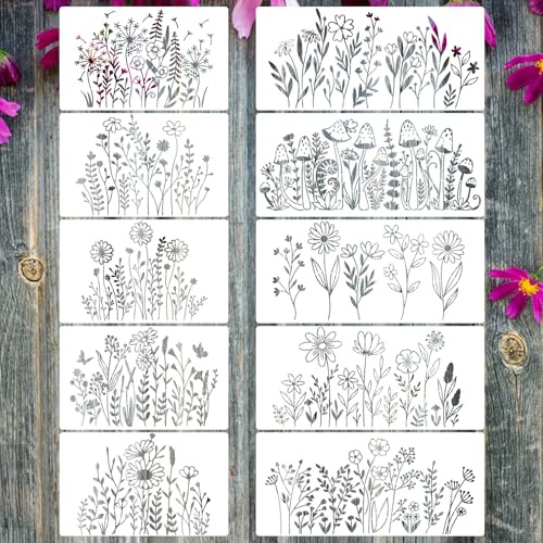 10 Stück Pflanzen Blumen Schablonen | wiederverwendbare Blumen und Blätter Basteln Schablonen zum Malen, Schablone für Naturpflanzen,DIY Kunst Scrapbook