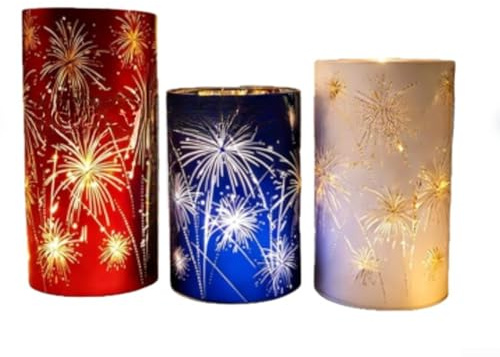 Lanterna per fuochi d'artificio, set di 3 luci incise, altezza sfalsata per uragano, luce bianca calda, arcuata per design Starburst, centrotavola da tavolo per matrimonio (set da tre)