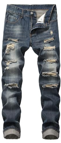 Herr Tvättade Stacked Skinny Ripped Jeans Distressed Destroyed Slim Fit Raka Ben Denimbyxor Streetwear Mörkblå 32