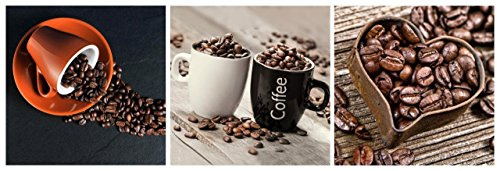 levandeo Glasbild 3er Set je 30 x 30 cm Wandbild Glas Küche Tasse Kaffeebohnen Coffee Herz Deko