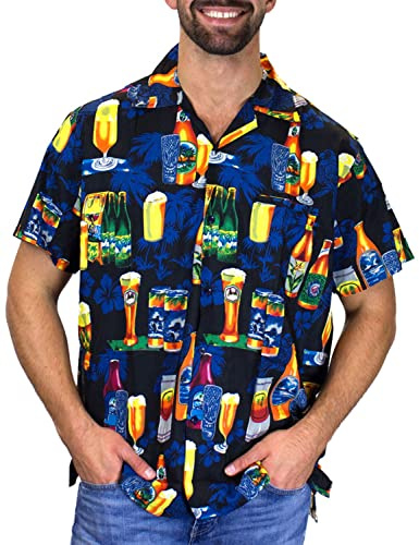 V.H.O. Funky Hawaii-skjorta för män, kortärmad med frontficka och Hawaii-tryck: strand, palmer och olika färger, Ölflaskor svart, 3XL