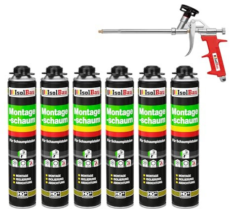 Isolbau Bauschaum-Set - Inkl. 6 x 1K Montageschaum B2 Pistolenschaum mit hervorragender Schall und Wärmedämmung (je 750 ml) & 1x Schaumpistole, Dämmen