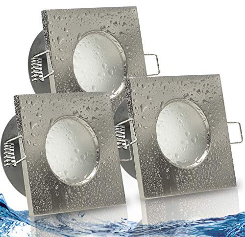 trendlights24 Aqua Base Decken Einbaustrahler eckig IP65-3er Set ultra flach 50 mm LED Spots 5W 230V Warmweiß - Edelstahl Optik gebürstet Badezimmer