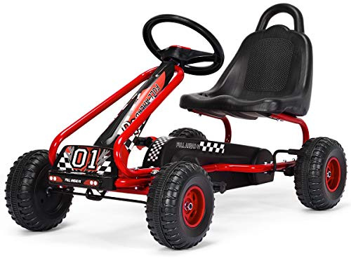 Costzon Go Kart for Kids, 4 Wheel Pedal Powered Go Cart with Adjustable Seat, Handbrake & Non-Slip Wheels, Outdoor Racer Ride On Pedal Car, Gift for Boys Girls (Red)