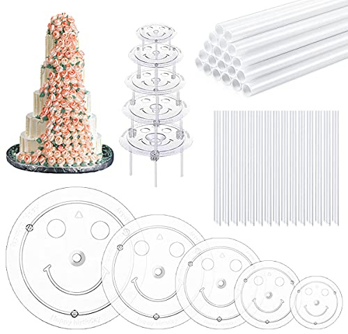 5-Tier Reusable Cake Stacking Kit | Plastic 5-Size Cake Separator Plates, 40 Mixed Hardness Cuttable Dowels, Reusable Stacking Set