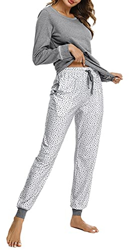 Litherday Pijama Mujer Invierno Algodón Suave Conjunto Largo con Bolsillos y Cordón Ropa de Dormir Cómoda para Casa y Noches Frías, Gris, M