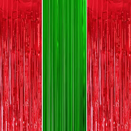 3pcs 3.2x6.5ft Glitter Christmas Red and Green Foil Curtain Christmas Tinsel Curtain Door Streamers Fringe Curtains Photo Backdrop Xmas Decorations Banner for Indoor Home School Office Party Decor