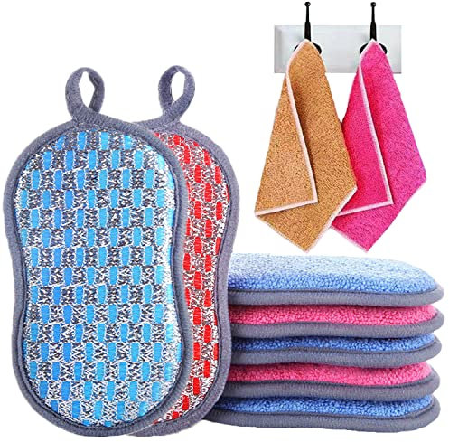Éponges à récurer, Eponge Lavable 8 pcs + 2 Chiffon Microfibre, tampons à récurer de cuisine en microfibre, éponges double face, réutilisables