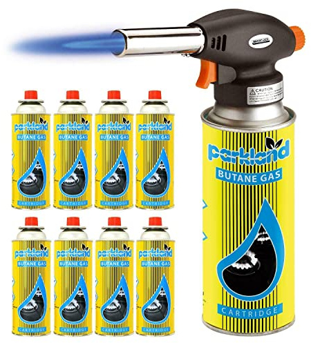 Professional Catering Butane Gas Blow Torch Head - BBQ Tool Perfect for Cooking or Camping - Auto Ignition with Adjustable Flame Control Lightweight and Easy to Use (Torch Head + 8 Canisters)