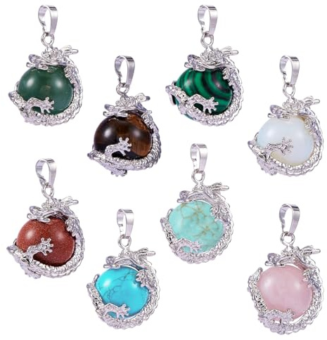 COGCHARGER 8 Pcs Dragon Wrapped Pendant Round Gemstone Charm Cylinder Crystal Round Ball Necklace with Platinum Brass Findings for Jewelry Making
