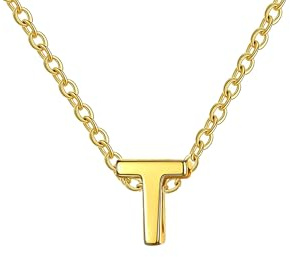 Collar para mujer con letra inicial con Hermosa caja de regalo. Acero inoxidable Colgantes con letras bisutería barata sobre con mensaje original Amigos Novios (T - Dorado)