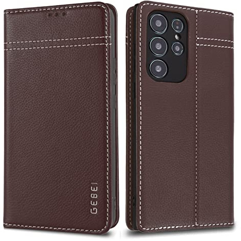 Gebei Hülle Echt Leder für Samsung Galaxy S22 Ultra 5G - Premium Echte Lederhülle mit Standfunktion und Kartenfach Flip Case Ledertasche Handyhülle Schutzhülle Klapphülle – Braun