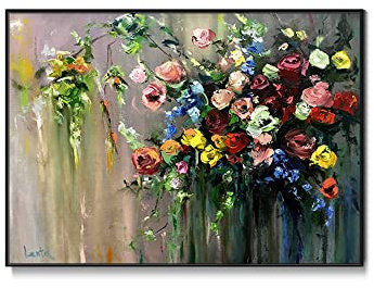 LCDIUDIU Acrylbilder, Bunte Textur Rose Blumen Grüne Blätter Zweige Abstrakt Modern Handgemalte Ölgemälde Auf Leinwand Für Familie Wand Wohnzimmer Esszimmer Home Art Decor,80X120Cm(32X48Inch)