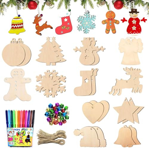 Weihnachten Holzanhänger, 24 Stück Christbaumschmuck, Holz-Weihnachtsschmuck, Holzanhänger zum Bemalen für den Weihnachtsbaum, DIY Dekoration