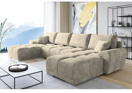ML Furniture Velvet Ecksofa in U-Form – Helle Creme Sofa – Couch mit Stauraum und Kissen - Ausziehbares Schlafsofa – Sofa mit Schlaffunktion - Schlafsofa mit Bettkasten – Gästebett – 365 x 189 cm