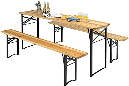 COSTWAY Juego de Mesa y Banco de Picnic de 3 Piezas, Juego de Mesa de Cerveza de Madera con 2 Asientos, Mesa y Banco Plegable con Marco de Acero para Patio, Terraza y Actividades al Aire Libre