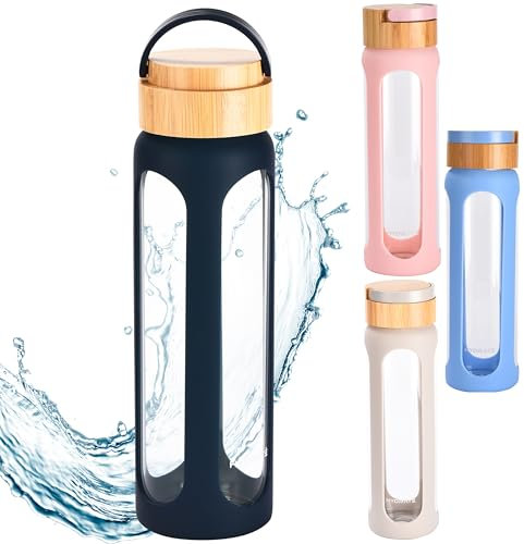HYDRATE Glass Water Bottles - 650ml - Perfectly Designed for Your Active Lifestyle - Stay Hydrated on the Go with BPA-Free Glass Bottle - Sports Glass Water Bottle with Blue Silicone Sleeve