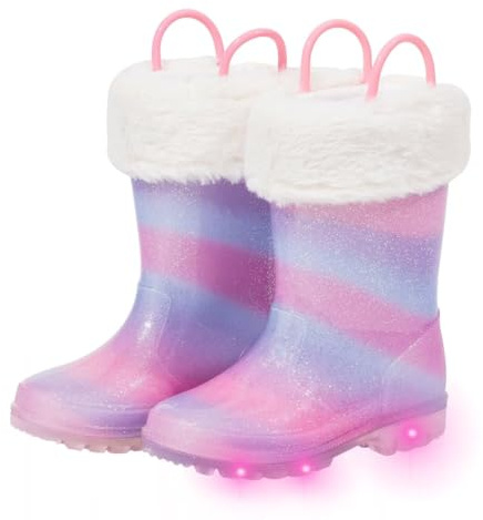 FUNCOO PLUS Toddler Rain Boots Kids Light up Snow Boots Boys Girls Waterproof Winter Boots with Removable Warm Lining, Little Kid Size 12, Pink&Purple