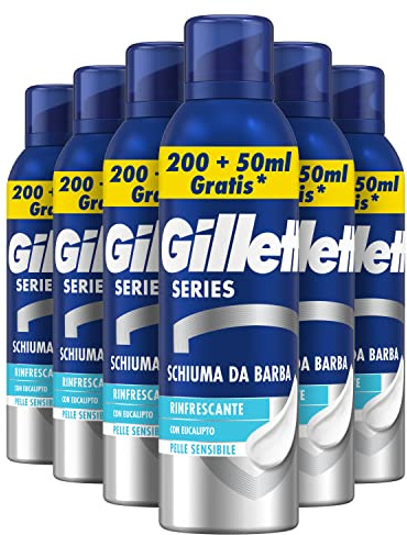 Gillette Series SCHIUMA DA BARBA RINFRESCANTE Con Eucalipto, Effetto Lenitivo, Profumo di Pulito, Riduce le Irritazioni, 250ml X6