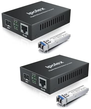 ipolex Convertisseur de média Gigabit Ethernet, convertisseur de média à fibre optique de port SFP 1,25G, convertisseur de média LC monomode à émetteur-récepteur SFP-LX(1310nm, 20km@OS1OS2SMF). 2-Pack