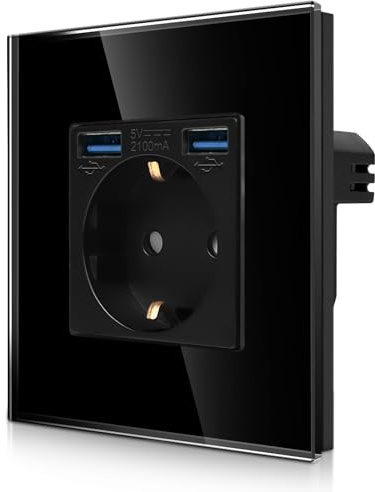 CNBINGO Einzelsteckdose Unterputz mit 2x USB-A, Glasrahmen Schwarz | 1-Fach Schuko Steckdose mit 3.1Amp USB-Anschluss, Einfach Wandsteckdose Kindersicherung, Horizontale und Vertikale DIY