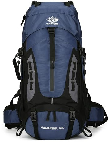YFREAL 60 L resor vandring camping ryggsäck med regnskydd och karbinhakar, vattentålig, klättringsryggsäck för män kvinnor, Djupblå, Large, Utomhus