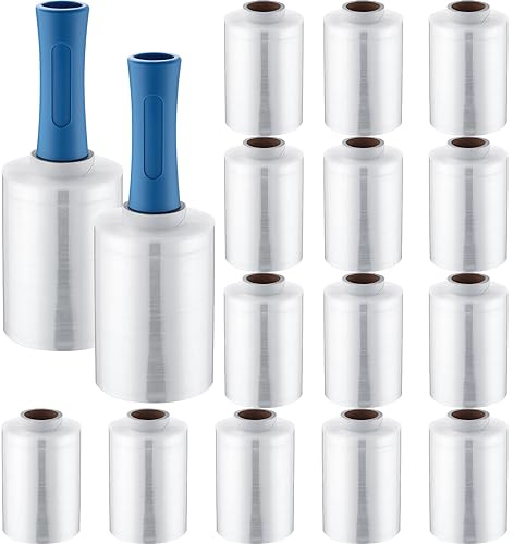 Jutom 16 Pcs Mini Stretch Film Industrial Shrink Wrap Roll Plastic Film for Moving 2 Handles 5 x 1000 ft Pallet Wrap Packaging Self Adhering Shipping for Moving Furniture Packing (Clear,Blue)
