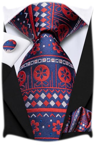 Hi-Tie Herren Blaue Designer Weihnachtskrawatte Set Gewebte Seidenkrawatte mit Einstecktuch Manschettenknöpfe für Formal Business