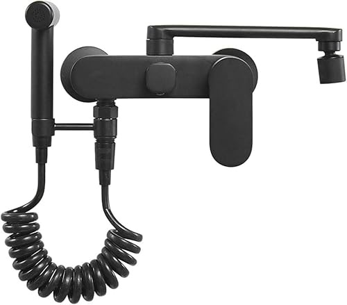 JQFDD Rubinetto da Cucina a Muro Nero con Doccia Girevole,Miscelatore a Parete Ottone Caldo e Freddo, Rubinetto per Lavabo a Parete-Nero_30 Centimetri