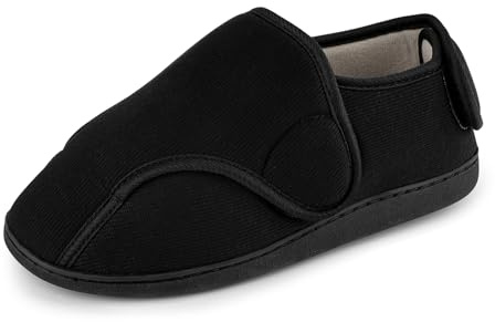 TIESTRA Men's Memory Foam Diabetic Slippers comfortable Breathable Arthritis Edema Swollen House Shoes Adjustable Wide Indoor/Outdoor Slip On Slippers Black EU42/US9